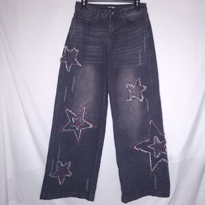 Hot Topic Jeans Womens 3 Small Black Star Distressed Wide Leg